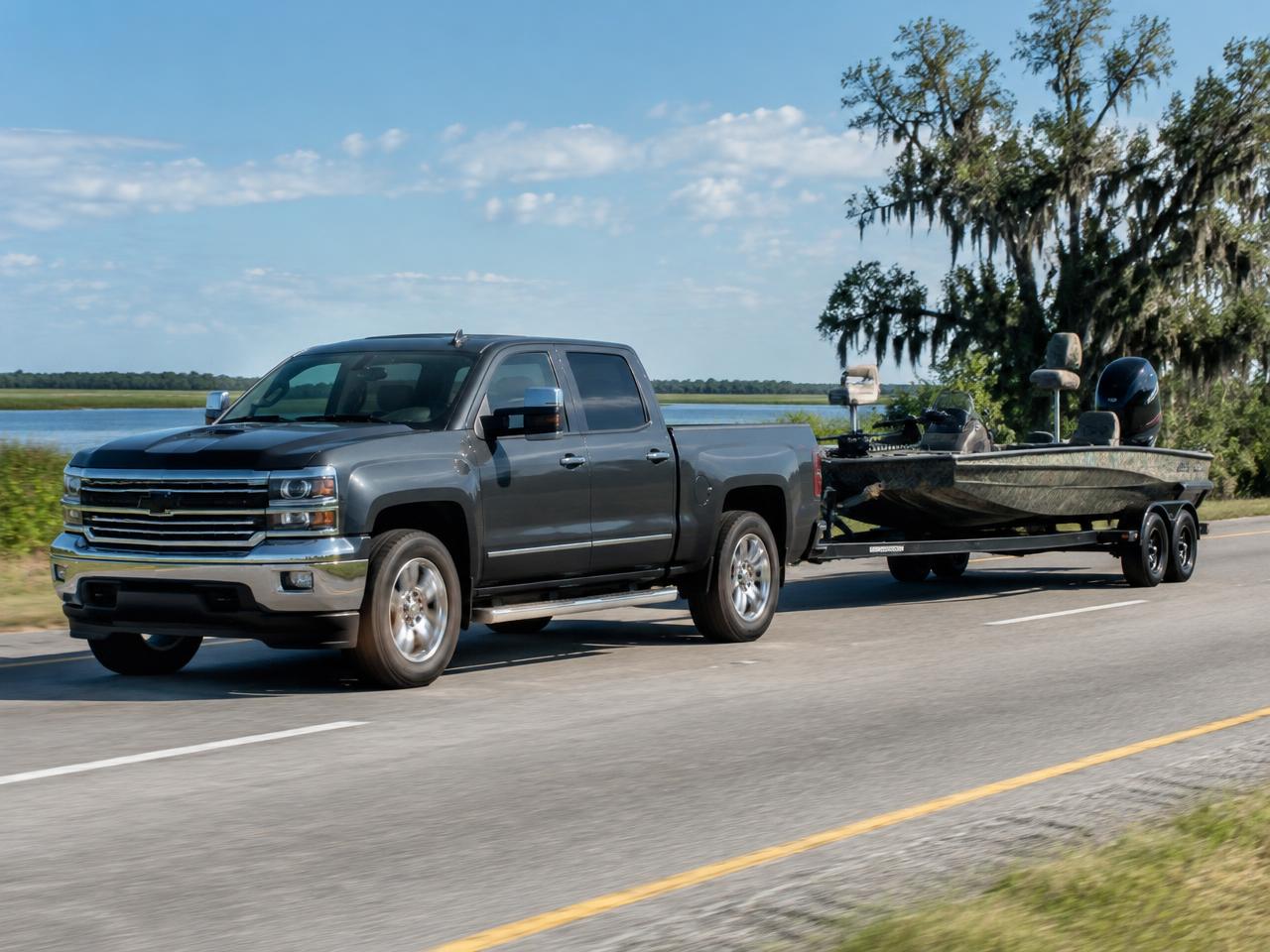 A pickup truck towing a fishing boat on a trailer