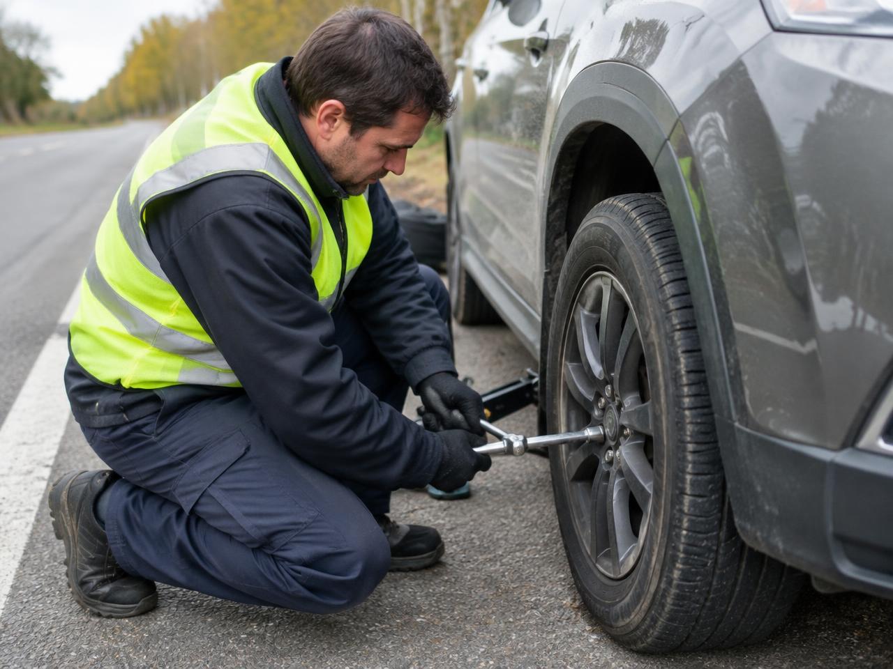A roadside technician changing a flat tire